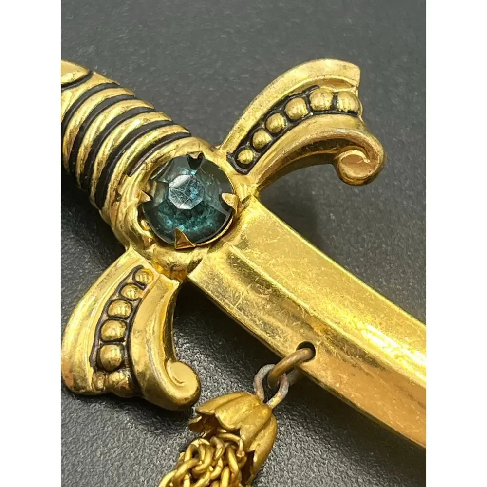 Coro Vintage Signed Gold‎ Tone Sword Dagger Brooch With Tassels and Green Stone